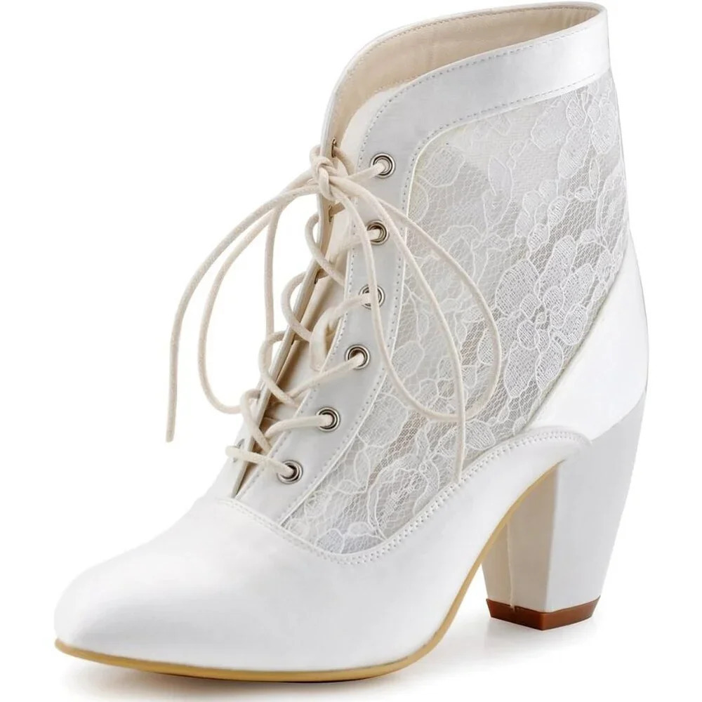 ❤️Women White Elegant Park Boots High Heel Lace-up Satin Bridal Wedding Shoes